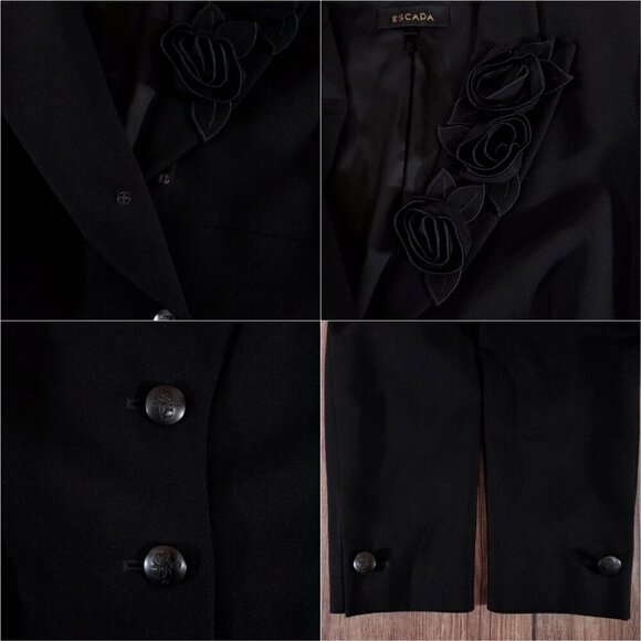 Escada Womens Size 36 Black Floral Two Button Notch Lapel Wool Blazer Jacket - Picture 10 of 16